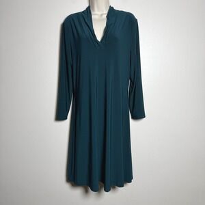 Anne Klein Shawl Collar Shift Dress 14 Teal Green Long Sleeve V-Neck Office